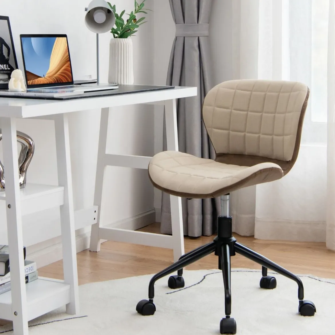 Bürostuhl Rollender Höhenverstellbarer Freizeitstuhl aus Kunstleder Beige + Braun