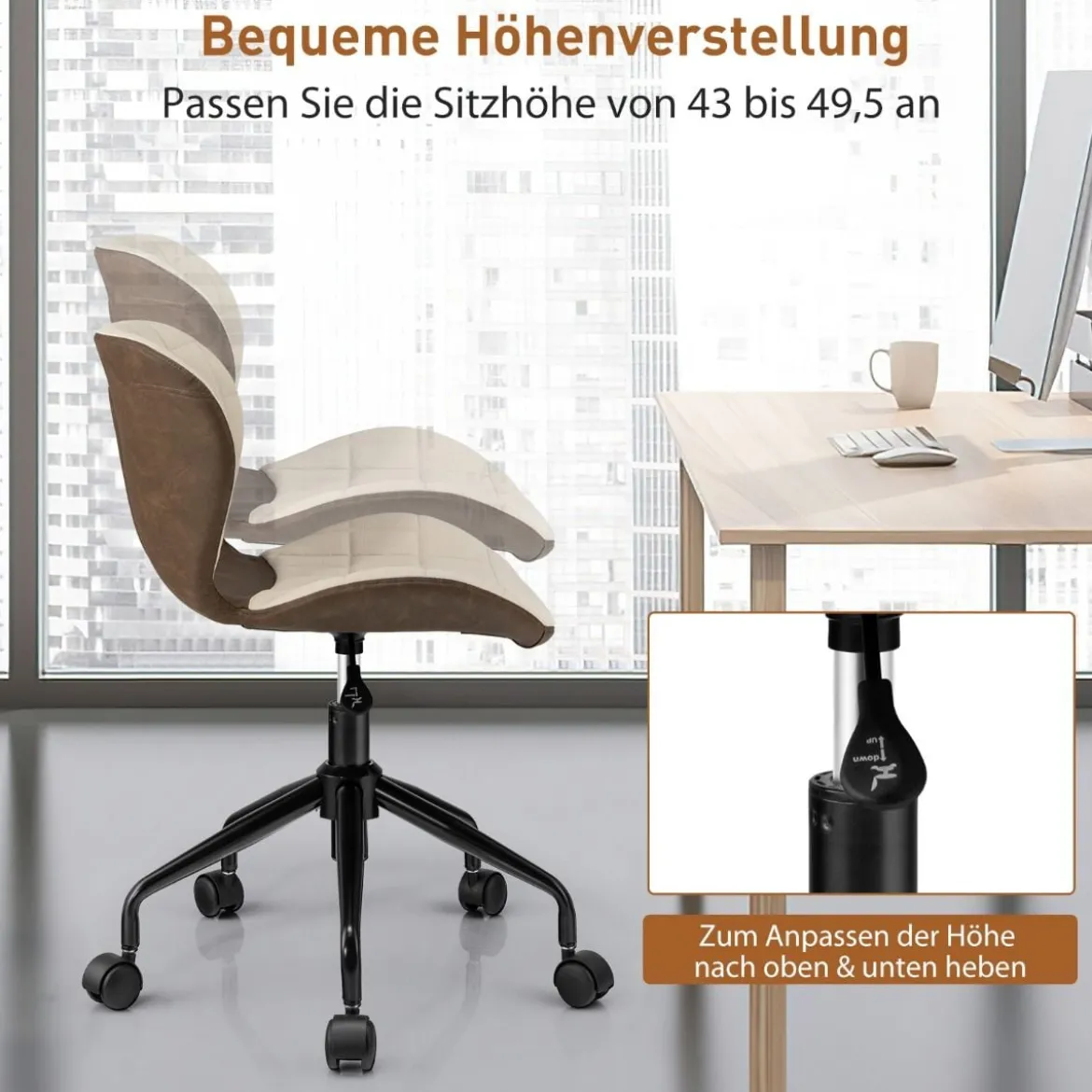 Bürostuhl Rollender Höhenverstellbarer Freizeitstuhl aus Kunstleder Beige + Braun