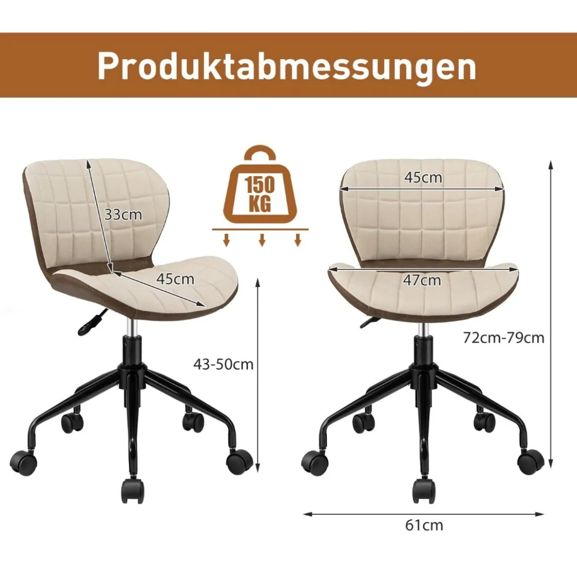 Bürostuhl Rollender Höhenverstellbarer Freizeitstuhl aus Kunstleder Beige + Braun