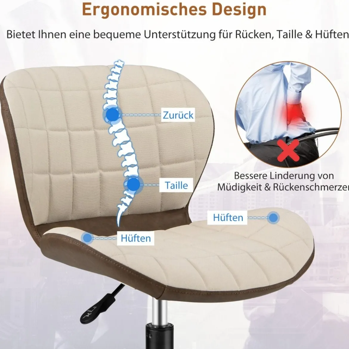 Bürostuhl Rollender Höhenverstellbarer Freizeitstuhl aus Kunstleder Beige + Braun