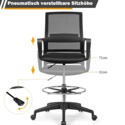 Bürostuhl Zeichenstuhl aus Netzstoff Hoher Bürostuhl mit verstellbarem Fußring Schwarz