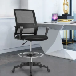 Bürostuhl Zeichenstuhl aus Netzstoff Hoher Bürostuhl mit verstellbarem Fußring Schwarz