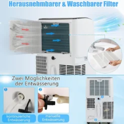 14000BTU mobile Klimaanlage mit Abluftschlauch 4-in-1 Klimagerät mit Heizung Luftentfeuchter Weiß