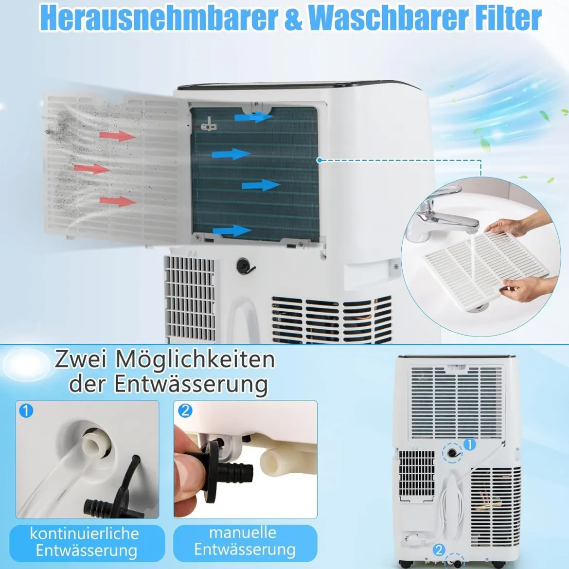 14000BTU mobile Klimaanlage mit Abluftschlauch 4-in-1 Klimagerät mit Heizung Luftentfeuchter Weiß