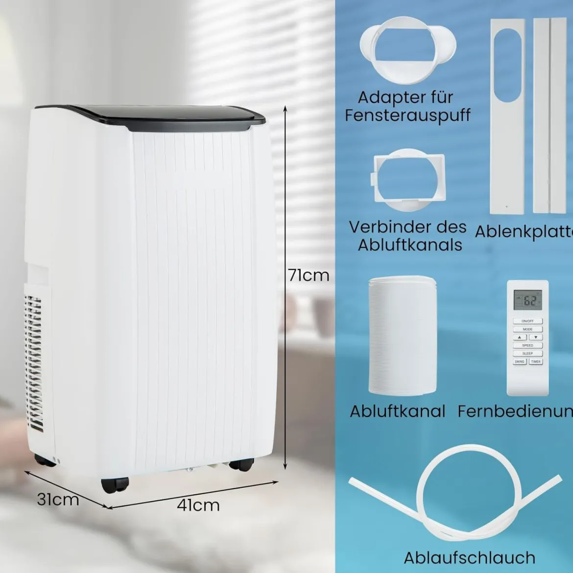 14000BTU mobile Klimaanlage mit Abluftschlauch 4-in-1 Klimagerät mit Heizung Luftentfeuchter Weiß