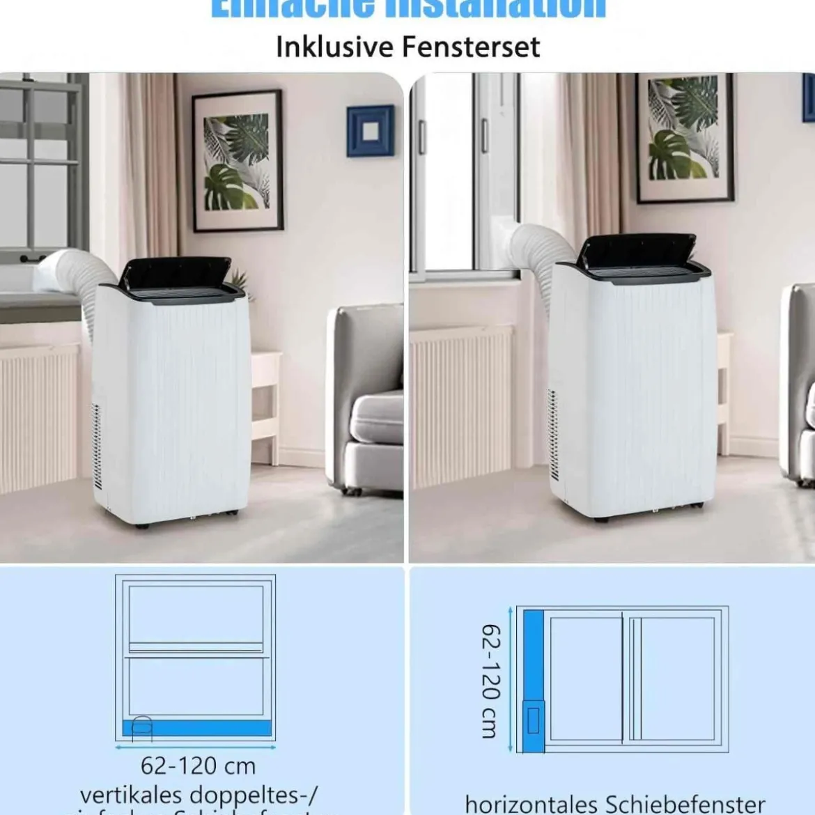 14000BTU mobile Klimaanlage mit Abluftschlauch 4-in-1 Klimagerät mit Heizung Luftentfeuchter Weiß