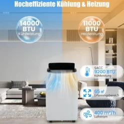 14000BTU mobile Klimaanlage mit Abluftschlauch 4-in-1 Klimagerät mit Heizung Luftentfeuchter Weiß
