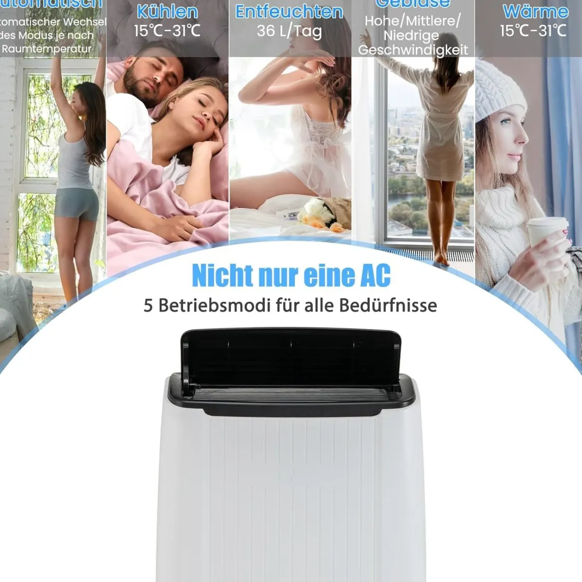14000BTU mobile Klimaanlage mit Abluftschlauch 4-in-1 Klimagerät mit Heizung Luftentfeuchter Weiß