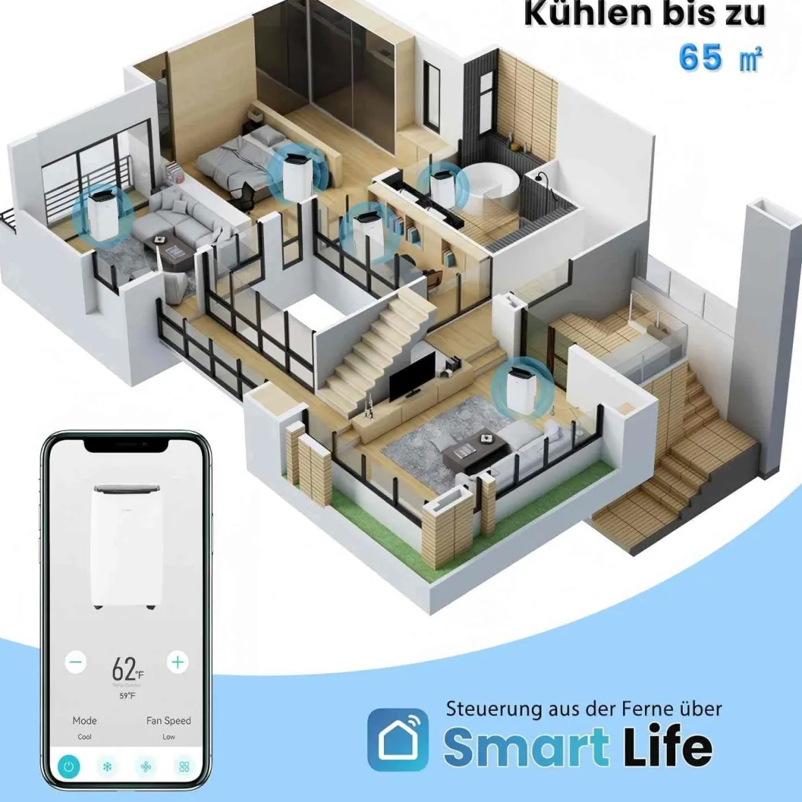 14000BTU mobile Klimaanlage mit Abluftschlauch 4-in-1 Klimagerät mit Heizung Luftentfeuchter Weiß