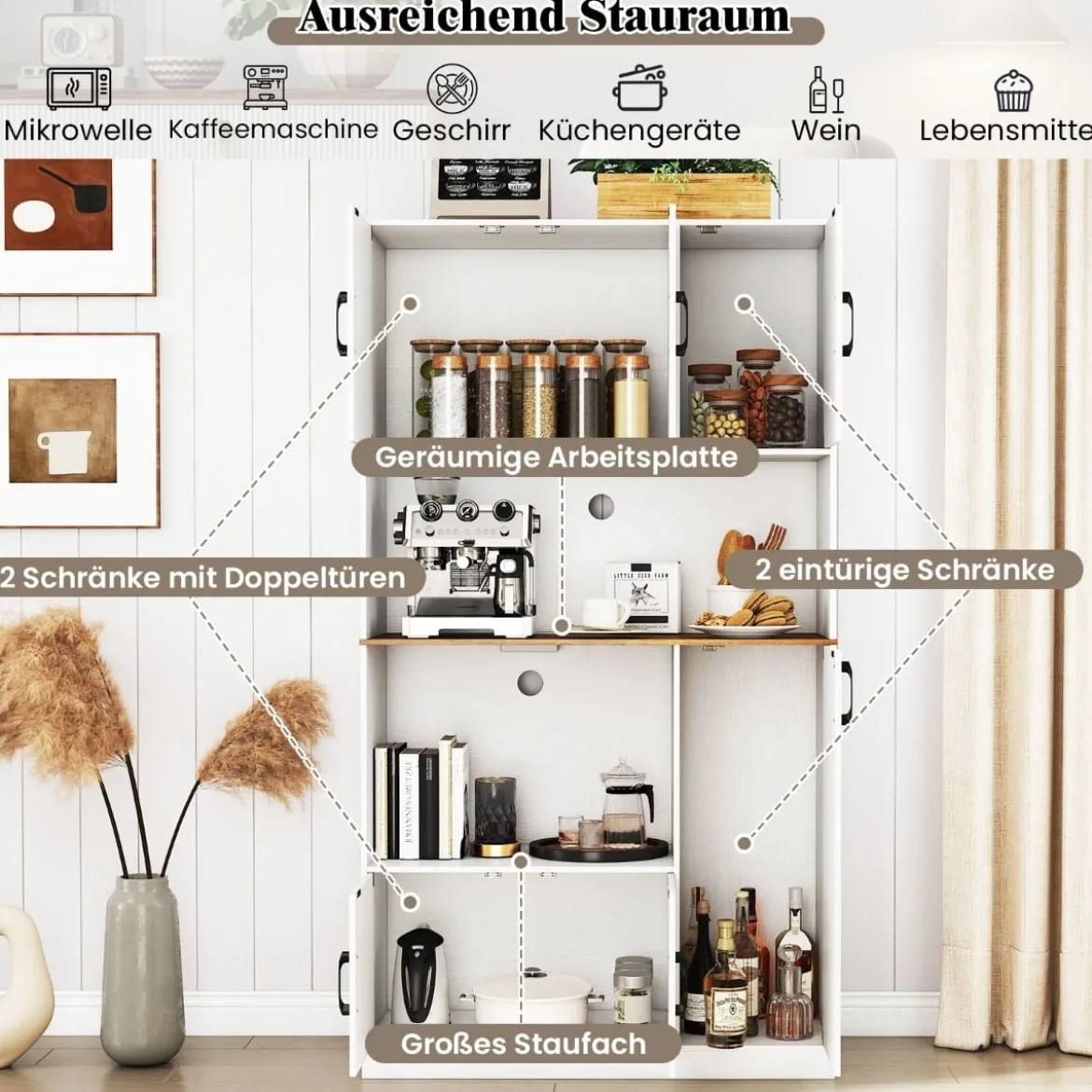 Buffetschrank mit Steckdose & Mikrowellenständer Küchenschrank aus Holz Weiß