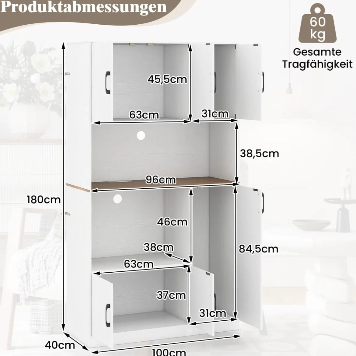 Buffetschrank mit Steckdose & Mikrowellenständer Küchenschrank aus Holz Weiß