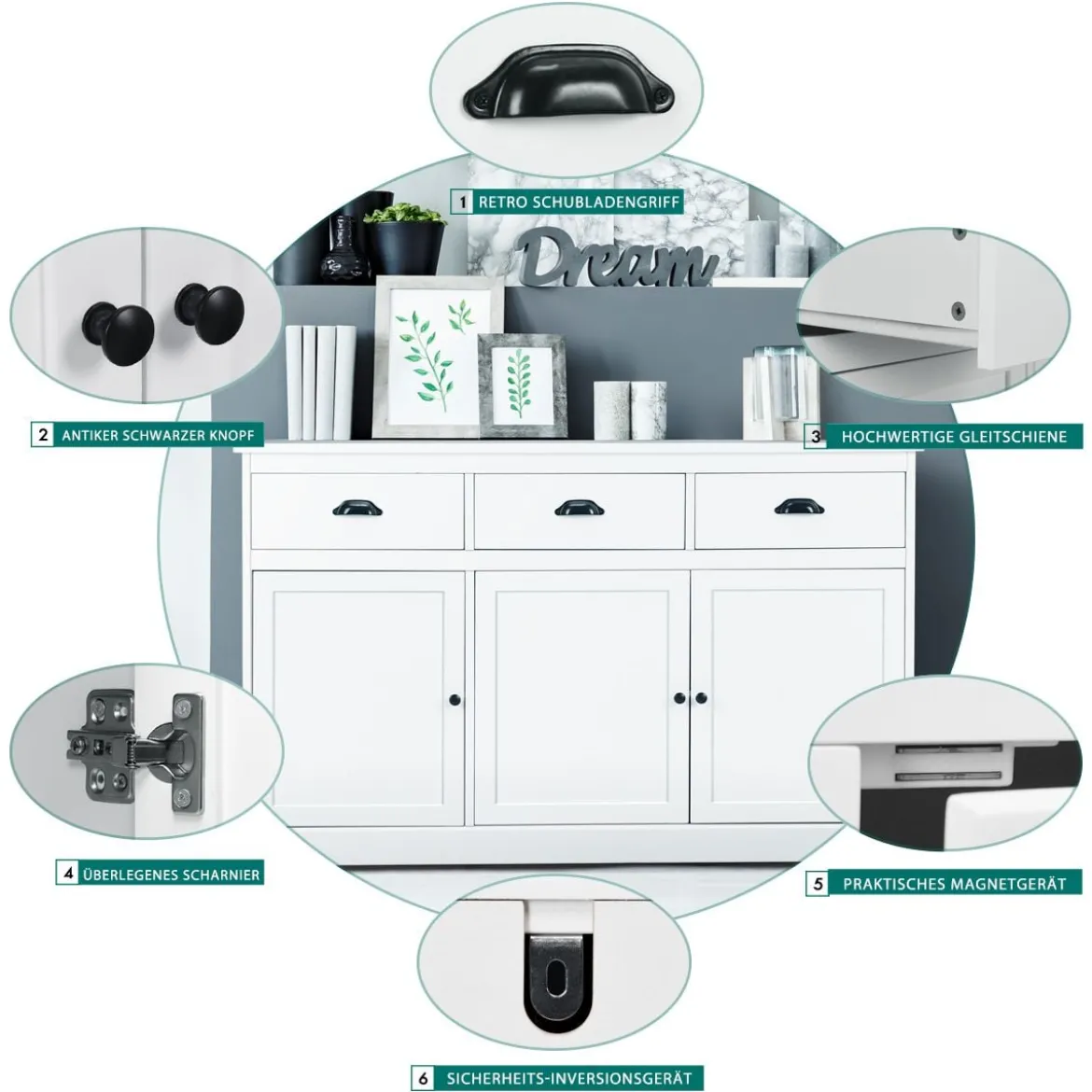 Buffetschrank Sideboard Standschrank mit 3 Schubladen und 3 Türen Weiß