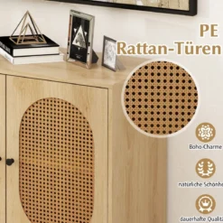 Buffetschrank stabiler Rattan-Lagerschrank mit 2 Türen verstellbares Regal & Metallbeine Natur