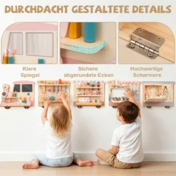 Busy board im Zugform für Kinder Wandmontiertes Activity Board mit Kommode Werkzeugkasten Spielküche Bunt