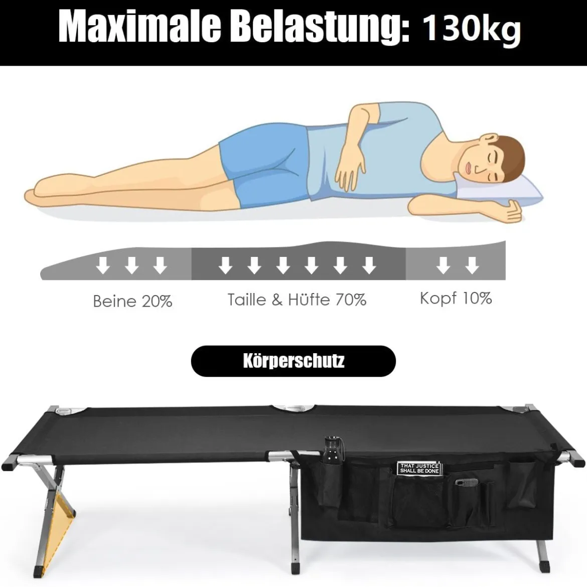 Campingbett Feldbett Klappbett Liege Bett klappbares Campingbett mit Seitentasche 190x73x42cm Schwarz
