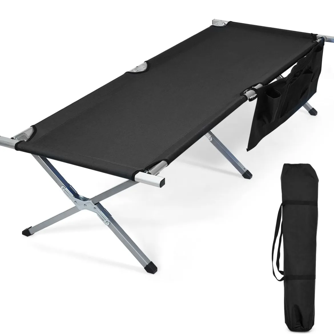 Campingbett Feldbett Klappbett Liege Bett klappbares Campingbett mit Seitentasche 190x73x42cm Schwarz