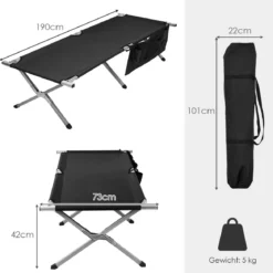 Campingbett Feldbett Klappbett Liege Bett klappbares Campingbett mit Seitentasche 190x73x42cm Schwarz