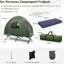 Campingbett mit Vorzelt & Luftmatratze & Schlafsack & Kissen Campingliege mit Tragetasche