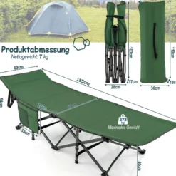 Campingbett Strapazierfähiges Reisebett mit Kopfstütze 190 x 70 x 54 cm Grün