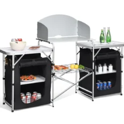 Campingküche 4 Fächer & 3 Bretter Reiseküche Campingschrank Stoffschrank Faltschrank Küchenbox Alu mit Tragetasche