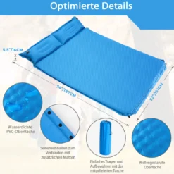 Campingmatte mit Kissen 2 Personen Selbstaufblasende Campingmatte Camping Schlafmatte 187x131x4cm Blau