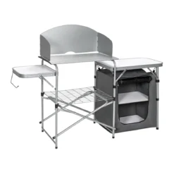 Campingschrank faltbar Campingküche mit Windschutz & Aufbewahrungstasche tragbarer Camping Faltschrank Aluminiumgestell Grau
