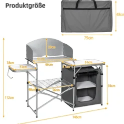 Campingschrank faltbar Campingküche mit Windschutz & Aufbewahrungstasche tragbarer Camping Faltschrank Aluminiumgestell Grau