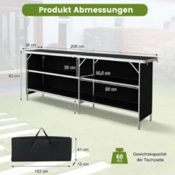 Campingschrank faltbar tragbare Campingküche mit 2-stöckigen Regalen 206 x 38 x 83 cm Schwarz