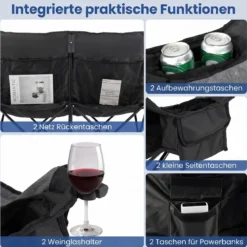 Campingstuhl Beheizter Doppel Klappstuhl mit 3 Heizstufen & 4 Heizzonen Gepolsterter Angelstuhl Schwarz