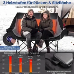 Campingstuhl Beheizter Doppel Klappstuhl mit 3 Heizstufen & 4 Heizzonen Gepolsterter Angelstuhl Schwarz