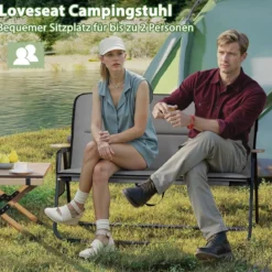 Campingstuhl für 2 Personen Klappstuhl mit abnehmbarem Kissen Seitentasche und Armlehnen Grau