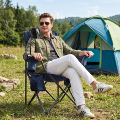 Campingstuhl Klappbar Tragbarer Angelstuhl mit Kühltasche bis 200 kg Belastbar Blau
