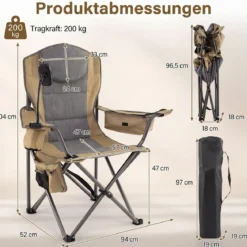 Campingstuhl Klappbar Tragbarer Angelstuhl mit Kühltasche Getränkehalter & Seitentasche bis 200 kg Belastbar