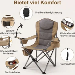 Campingstuhl Klappbar Tragbarer Angelstuhl mit Kühltasche Getränkehalter & Seitentasche bis 200 kg Belastbar