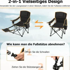 Campingstuhl mit Abnehmbarer Fußablage & Getränkehalter & Kühltasche Klappbarer Angelstuhl