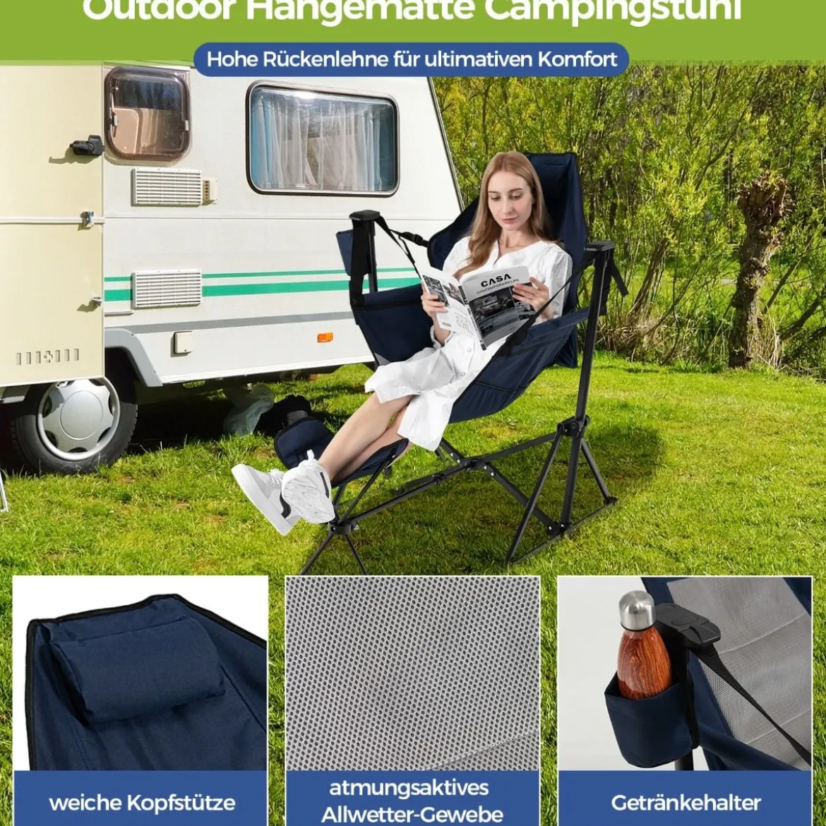 Campingstuhl mit Fußstütze & Verstellbarer Rückenlehne & Kopfstütze & Getränkehalter Angelstuhl