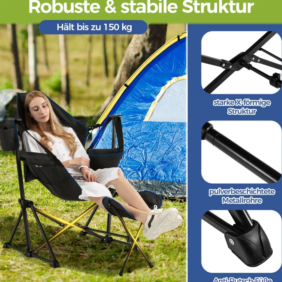 Campingstuhl mit Fußstütze & Verstellbarer Rückenlehne & Kopfstütze & Getränkehalter Angelstuhl