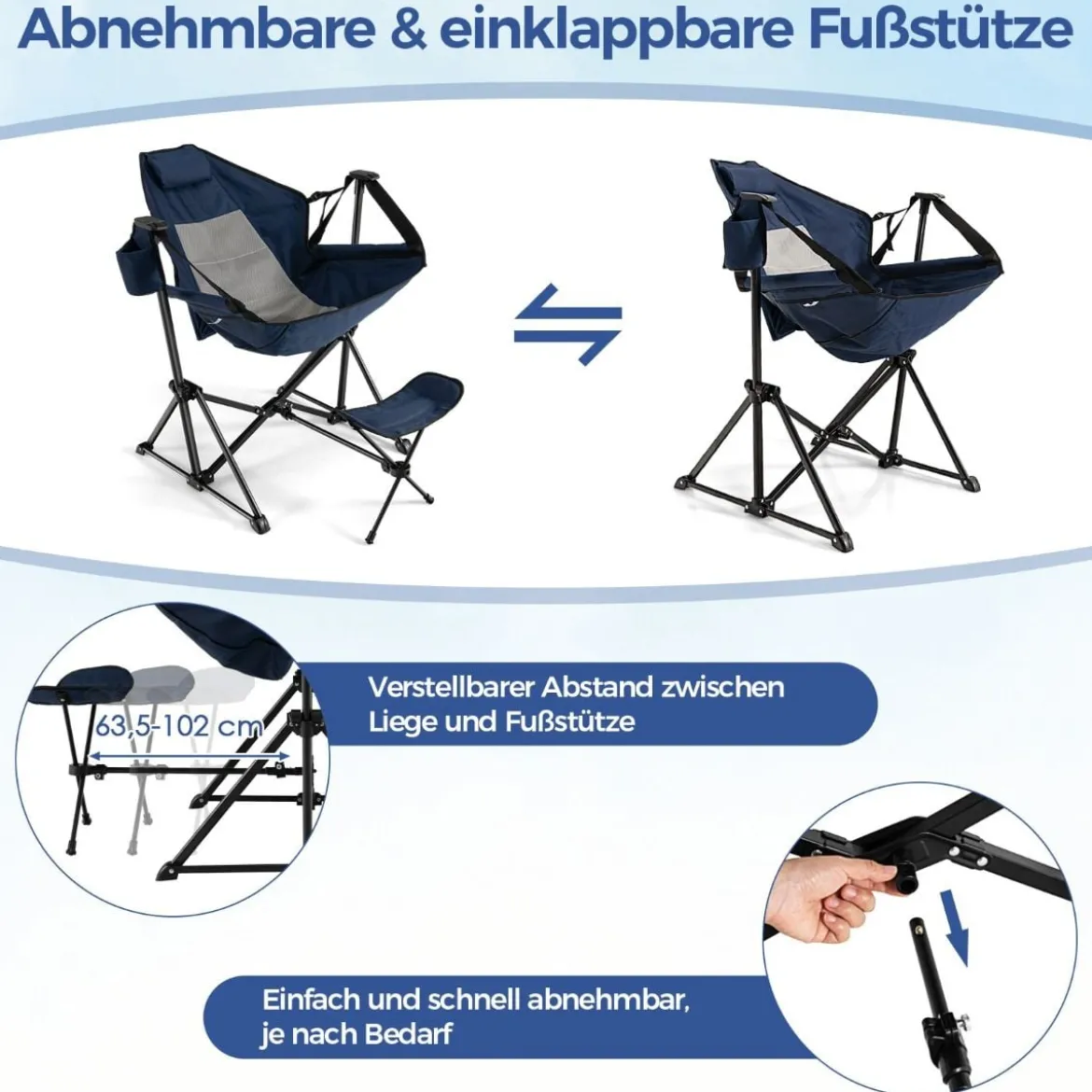 Campingstuhl mit Fußstütze & Verstellbarer Rückenlehne & Kopfstütze & Getränkehalter Angelstuhl