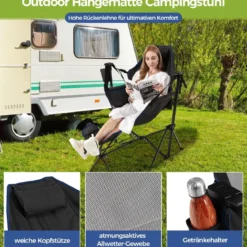 Campingstuhl mit Fußstütze & Verstellbarer Rückenlehne & Kopfstütze & Getränkehalter Angelstuhl