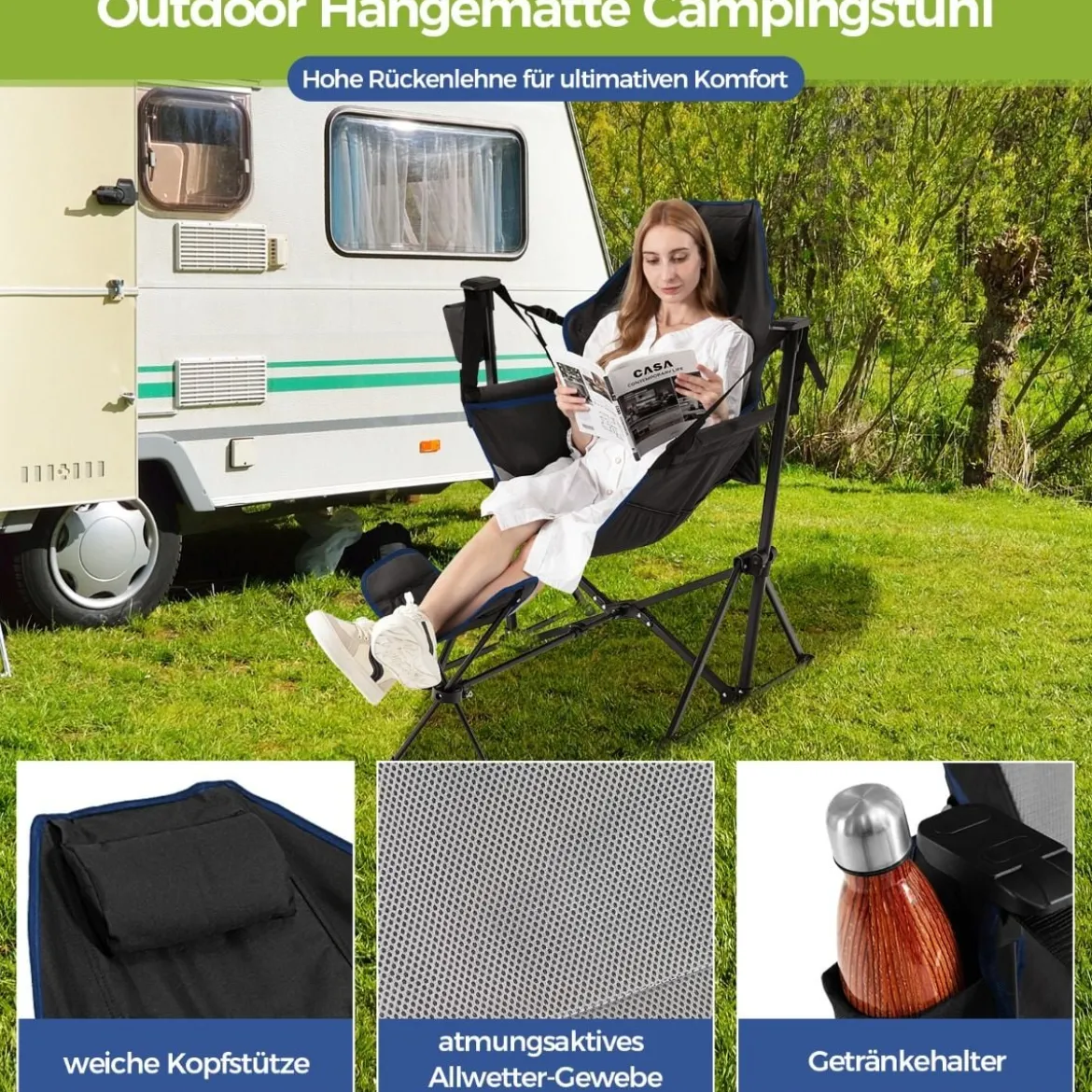 Campingstuhl mit Fußstütze & Verstellbarer Rückenlehne & Kopfstütze & Getränkehalter Angelstuhl