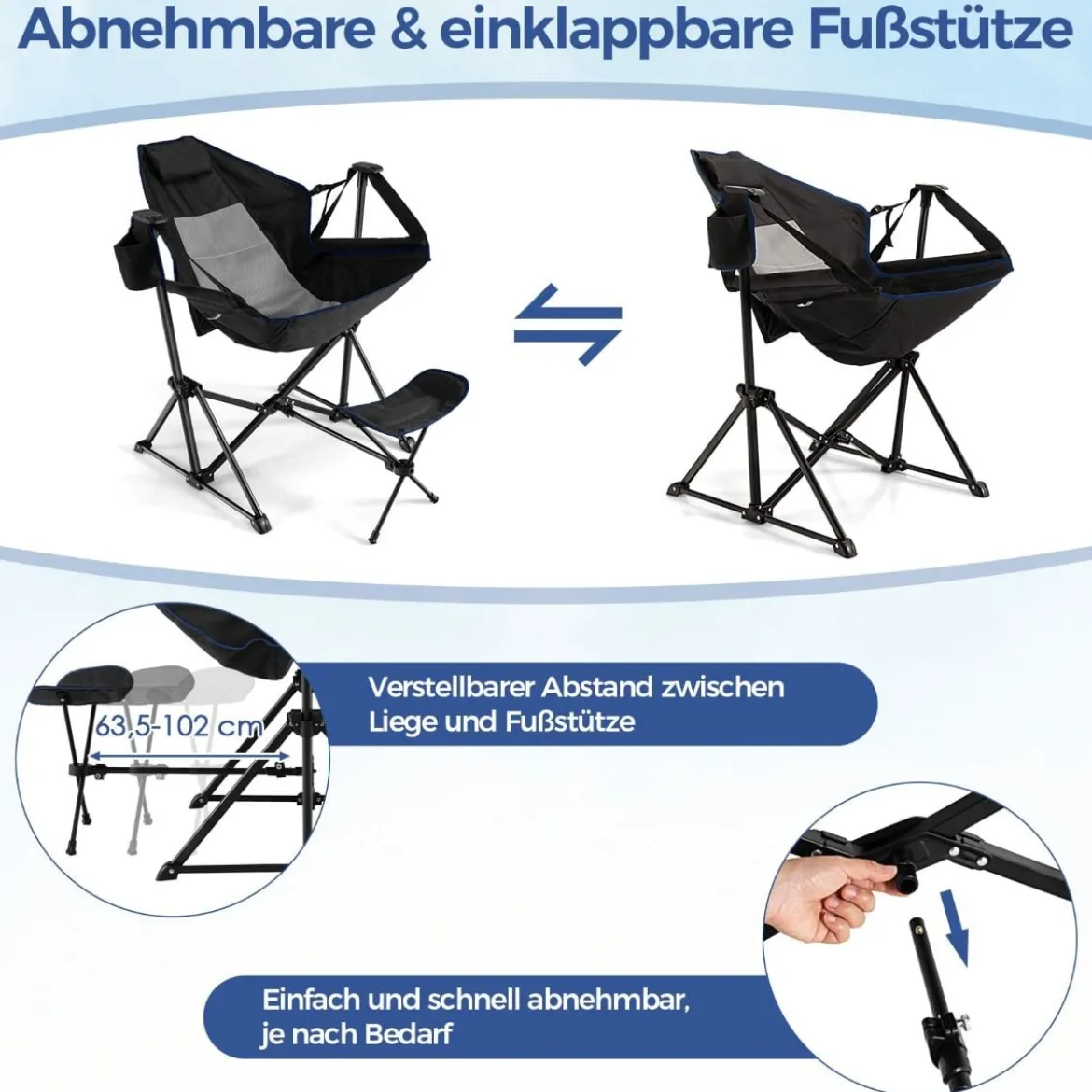 Campingstuhl mit Fußstütze & Verstellbarer Rückenlehne & Kopfstütze & Getränkehalter Angelstuhl