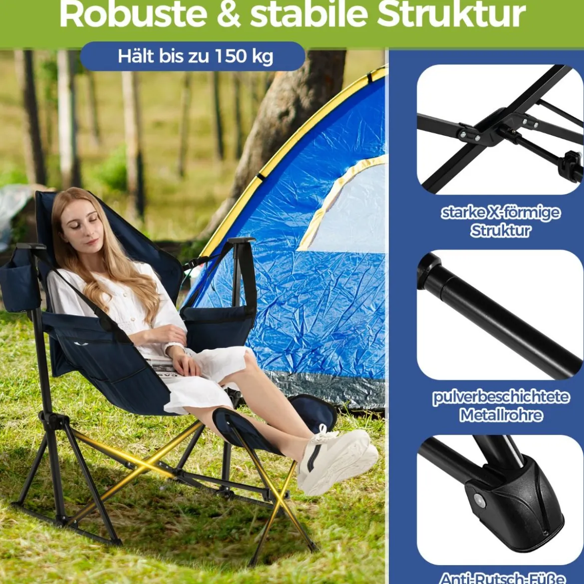 Campingstuhl mit Fußstütze & Verstellbarer Rückenlehne & Kopfstütze & Getränkehalter Angelstuhl