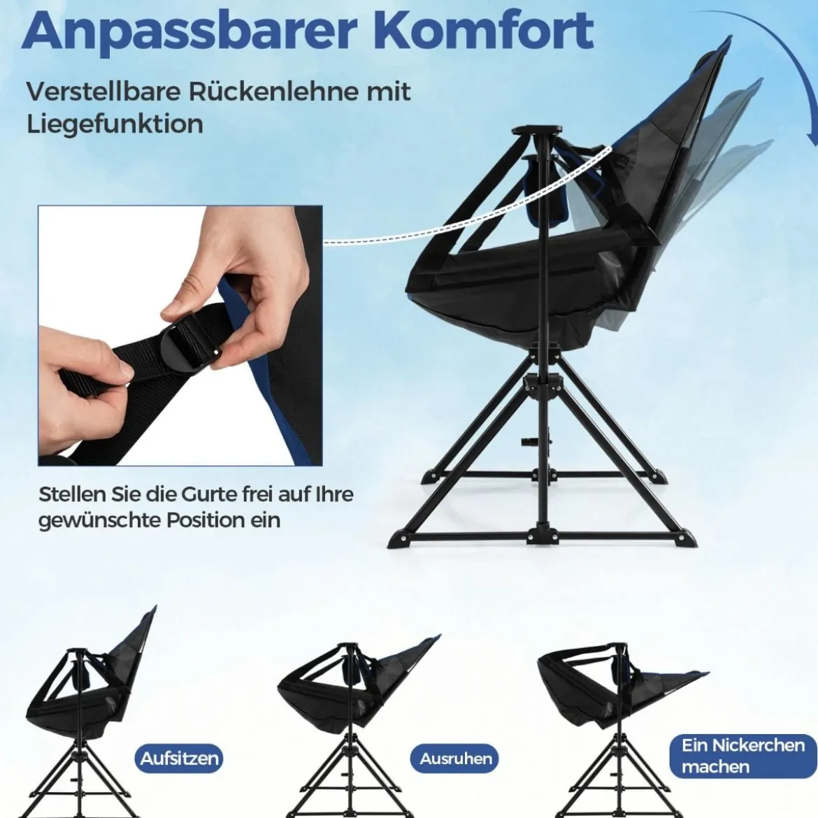 Campingstuhl mit Fußstütze & Verstellbarer Rückenlehne & Kopfstütze & Getränkehalter Angelstuhl