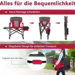Campingstuhl mit Seitentisch & Kühltasche & Aufbewahrungstasche Klappbarer Angelstuhl Rot