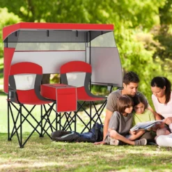 Campingstuhl mit Verstellbarem Sonnenschutz Klappstuhl mit Kühltasche & Becherhalter Rot