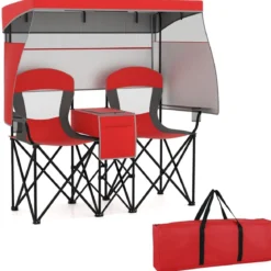 Campingstuhl mit Verstellbarem Sonnenschutz Klappstuhl mit Kühltasche & Becherhalter Rot