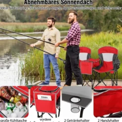 Campingstuhl mit Verstellbarem Sonnenschutz Klappstuhl mit Kühltasche & Becherhalter Rot