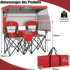 Campingstuhl mit Verstellbarem Sonnenschutz Klappstuhl mit Kühltasche & Becherhalter Rot