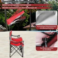 Campingstuhl mit Verstellbarem Sonnenschutz Klappstuhl mit Kühltasche & Becherhalter Rot