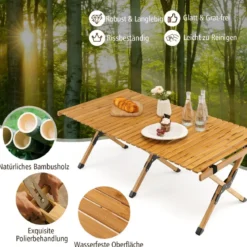 Campingtisch Klappbarer Picknicktisch mit Tragetasche Aufrollbarer Bambustisch 122 x 60 x 43,5 cm Natur